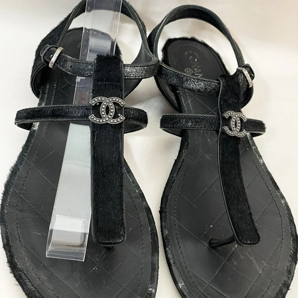 Chanel Calfskin Pony Hair CC Sandals